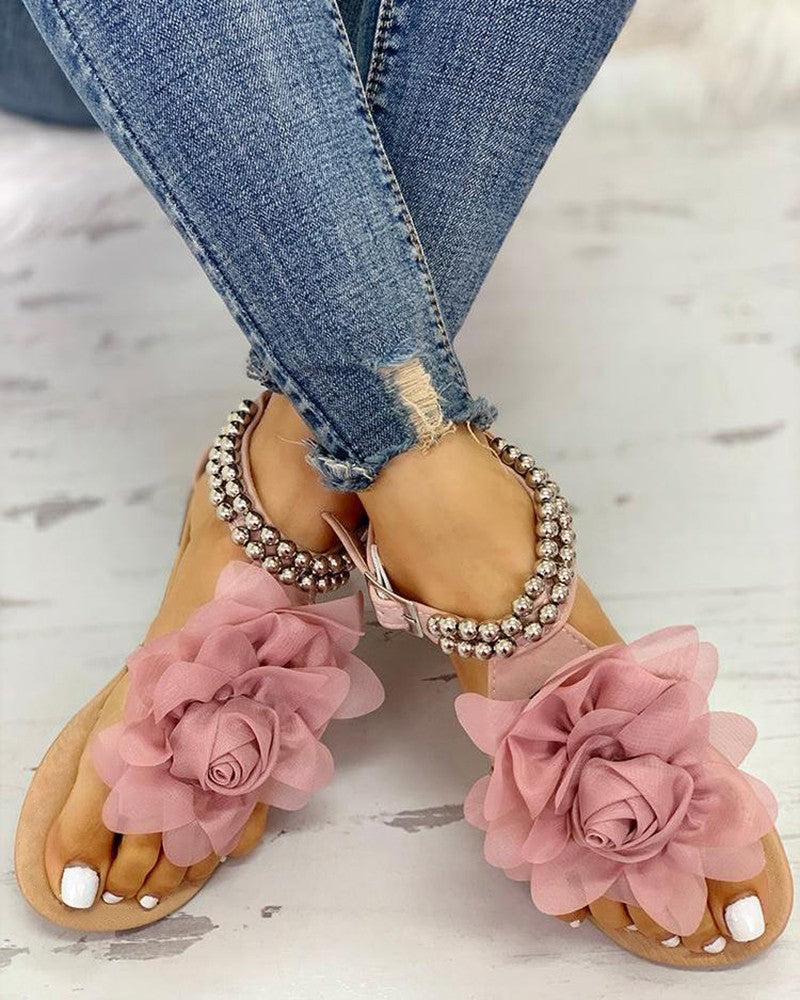 Mesh Floral Embellished Beaded Flat Sandals