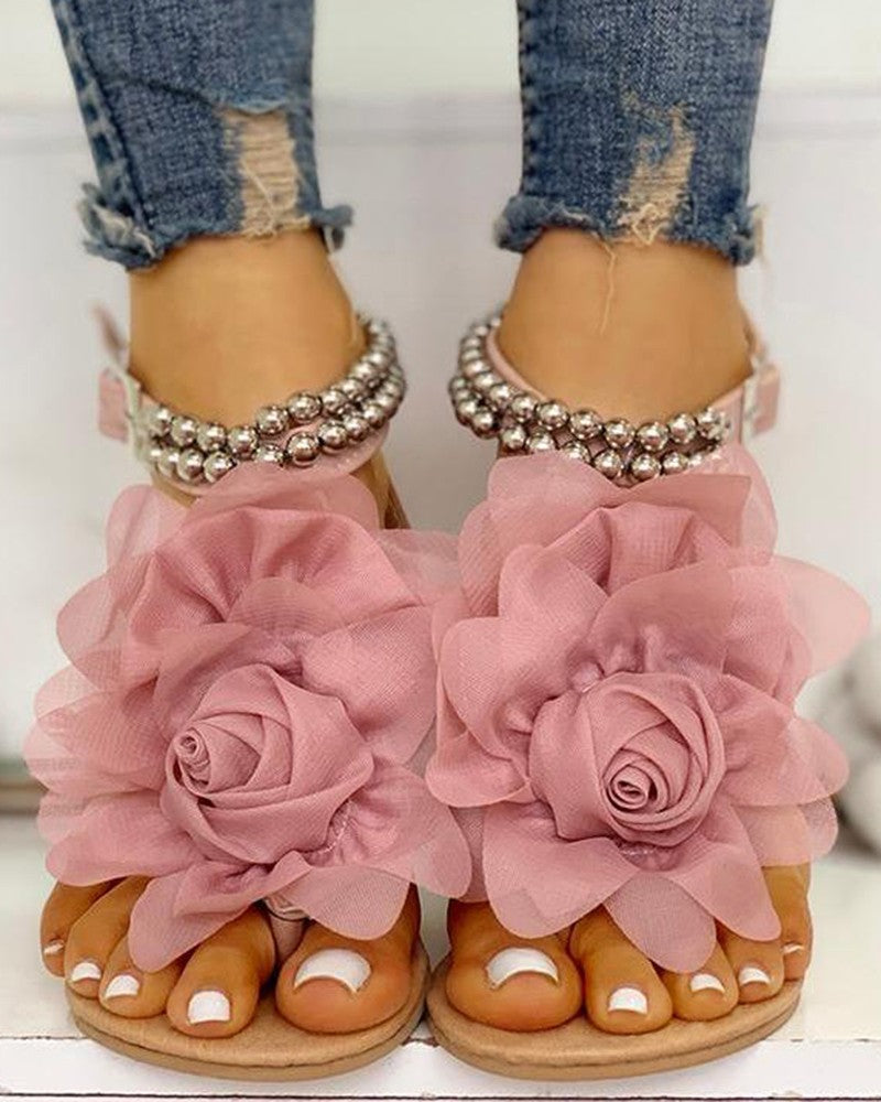 Mesh Floral Embellished Beaded Flat Sandals