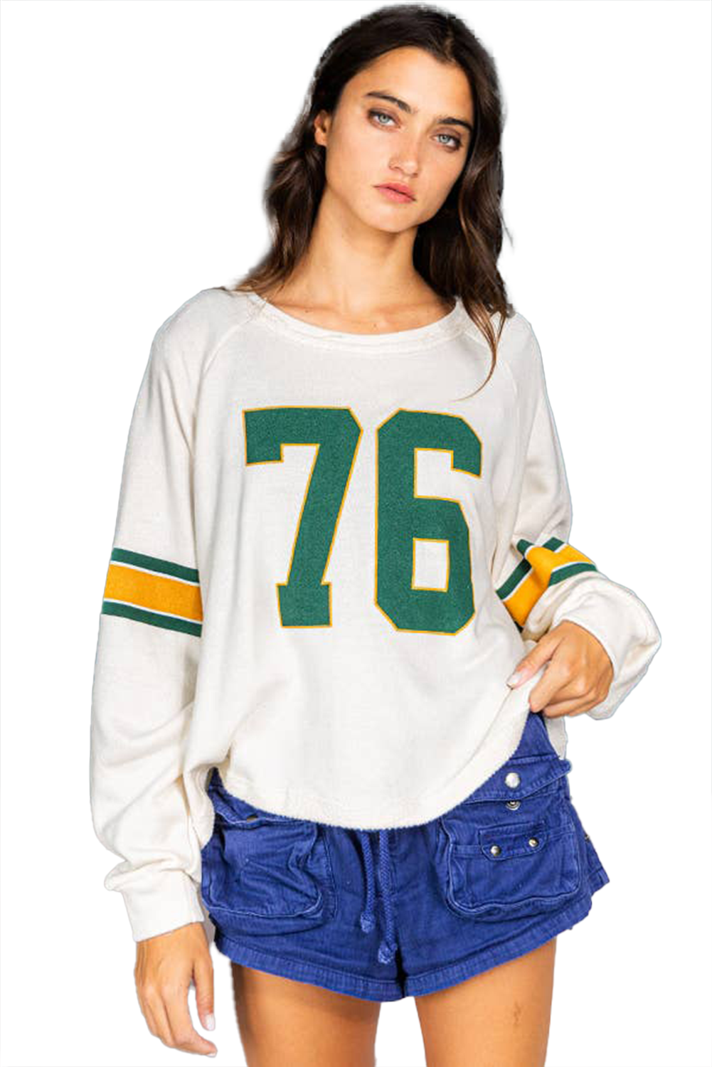 White Number 76 Printed Retro Sporty Long Sleeve Top