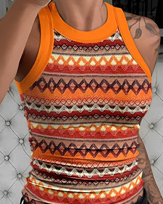 Waffle Knit Camouflage Print Round Neck Sleeveless Tank Slim Fit Casual Top