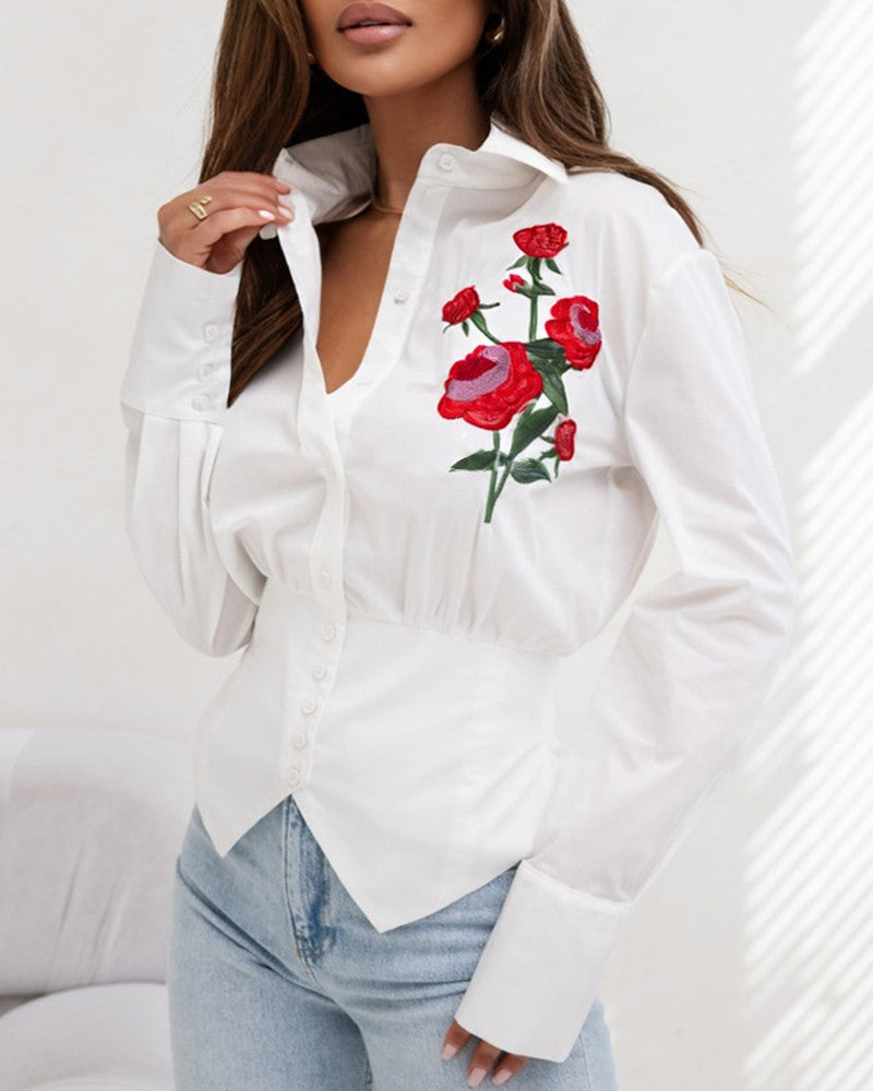 Embroidery Floral Pattern Button Down Asymmetrical Hem Shirt Top