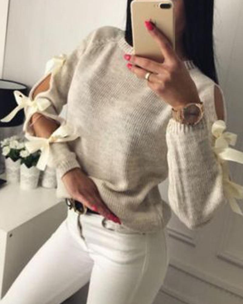 Crew Neck Tie Up Sleeve Sweater