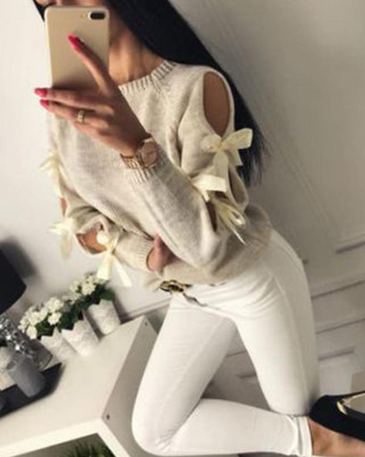 Crew Neck Tie Up Sleeve Sweater