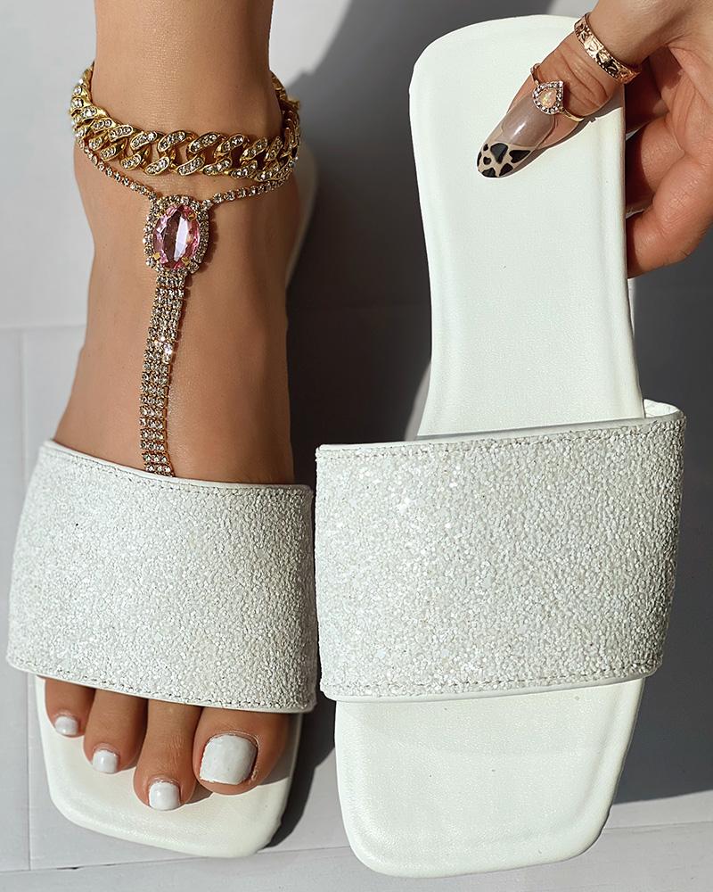 Glitter Wide Strap Square Toe Slippers