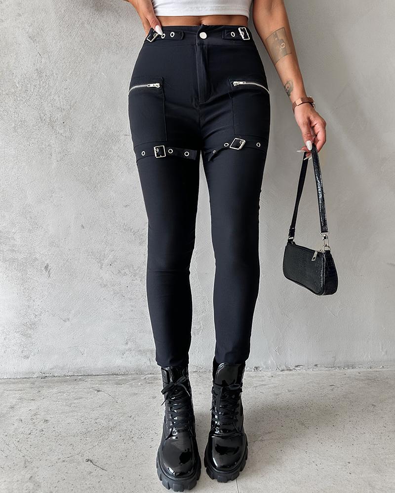 Zipper Button Design Buckled Pants