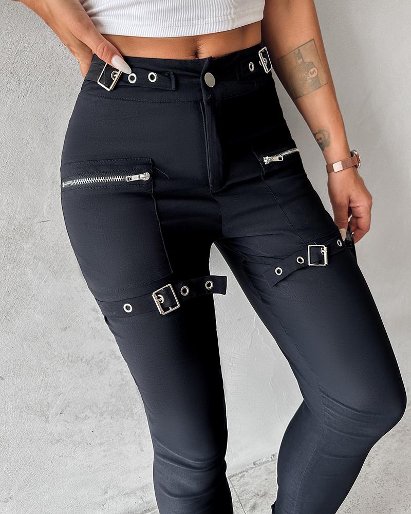 Zipper Button Design Buckled Pants