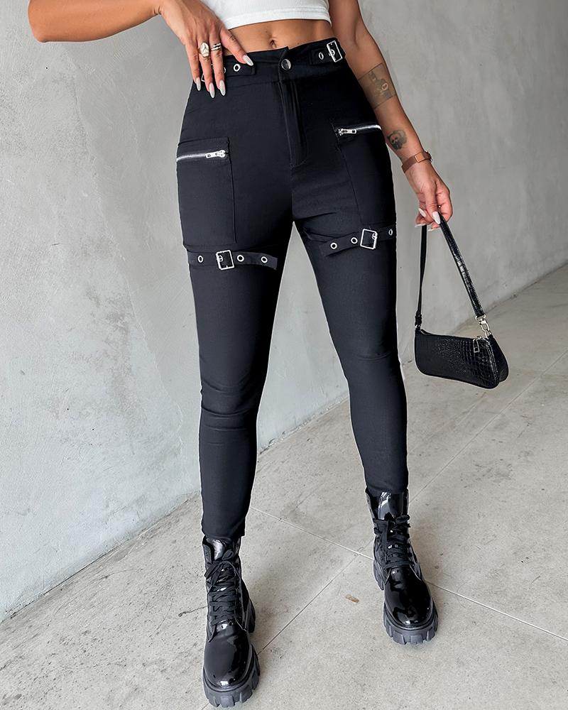 Zipper Button Design Buckled Pants