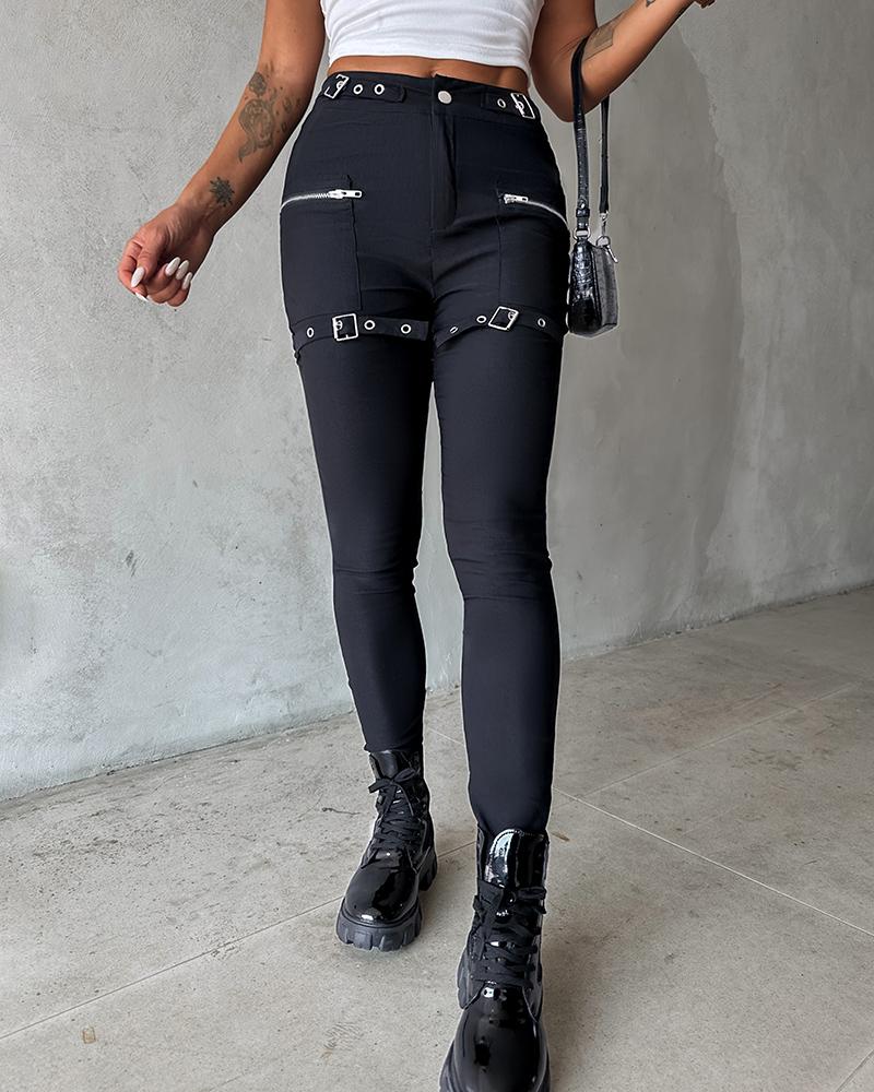 Zipper Button Design Buckled Pants