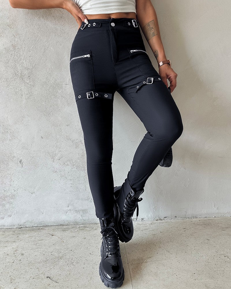 Zipper Button Design Buckled Pants