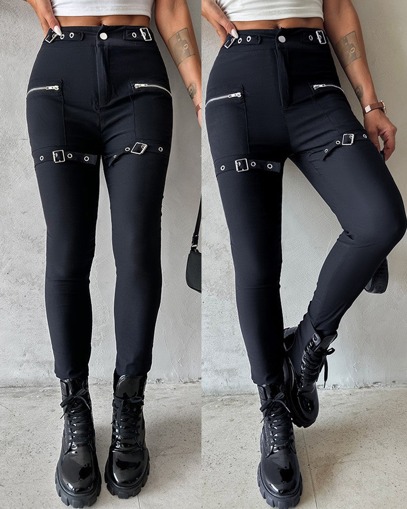 Zipper Button Design Buckled Pants