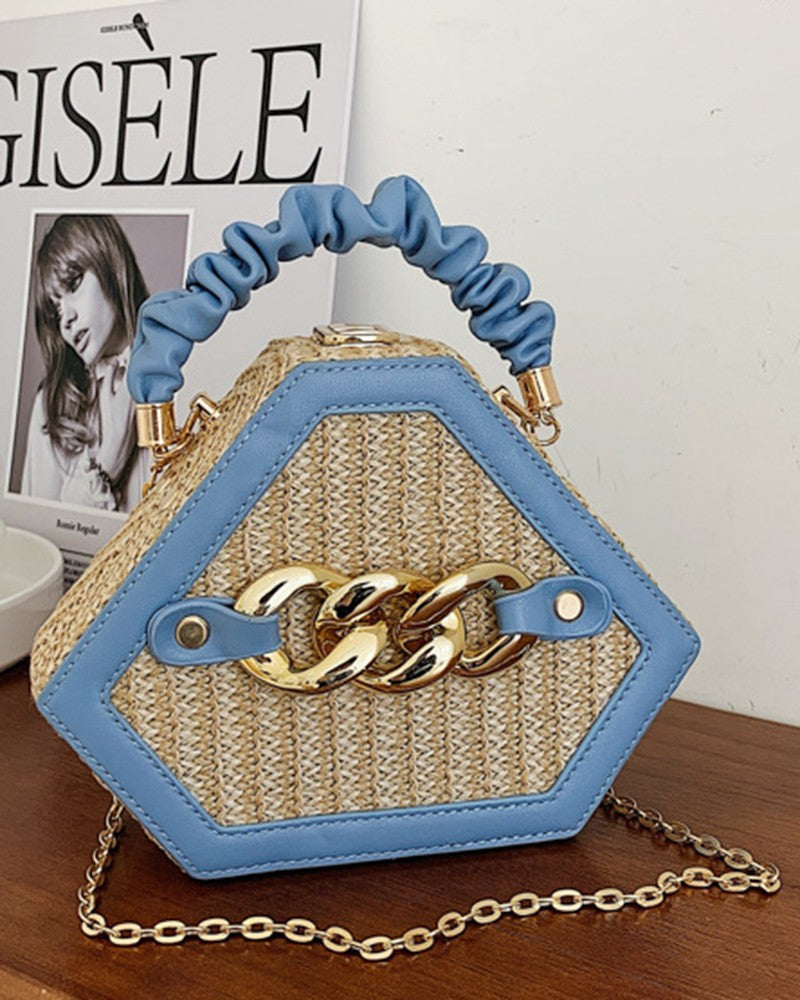 Trendy Chain Decor Top Handle Straw Geometrical Crossbody Bag