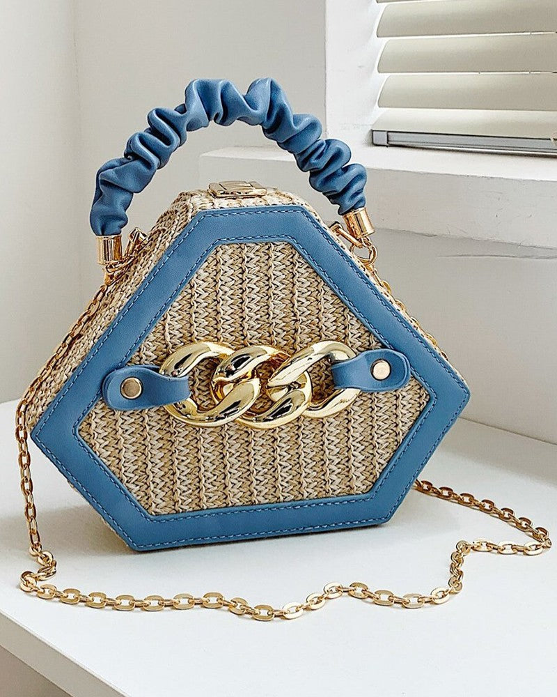 Trendy Chain Decor Top Handle Straw Geometrical Crossbody Bag