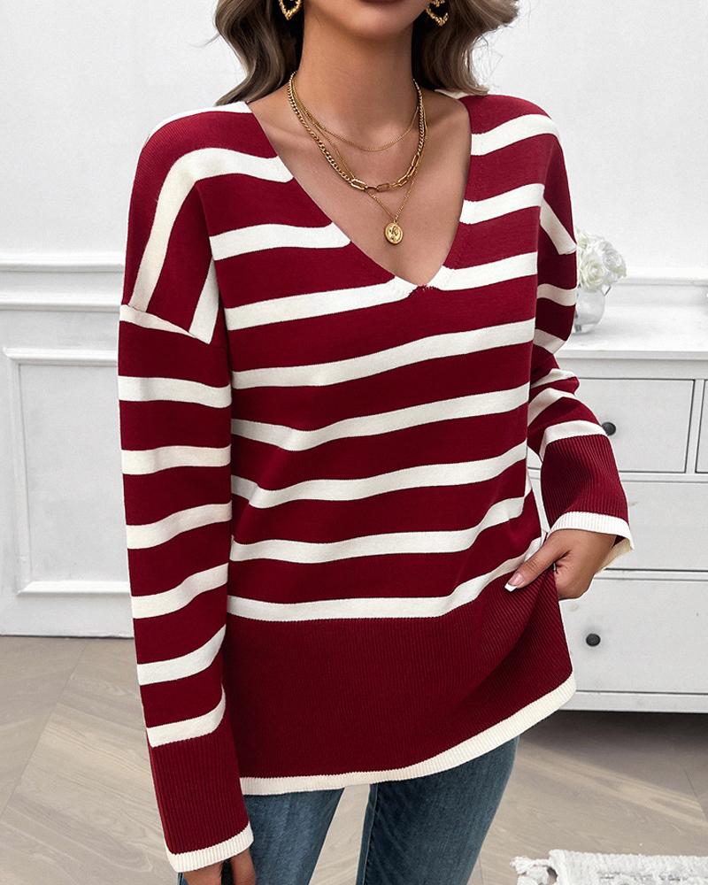 Striped V Neck Long Sleeve Side Slit Knit Sweater