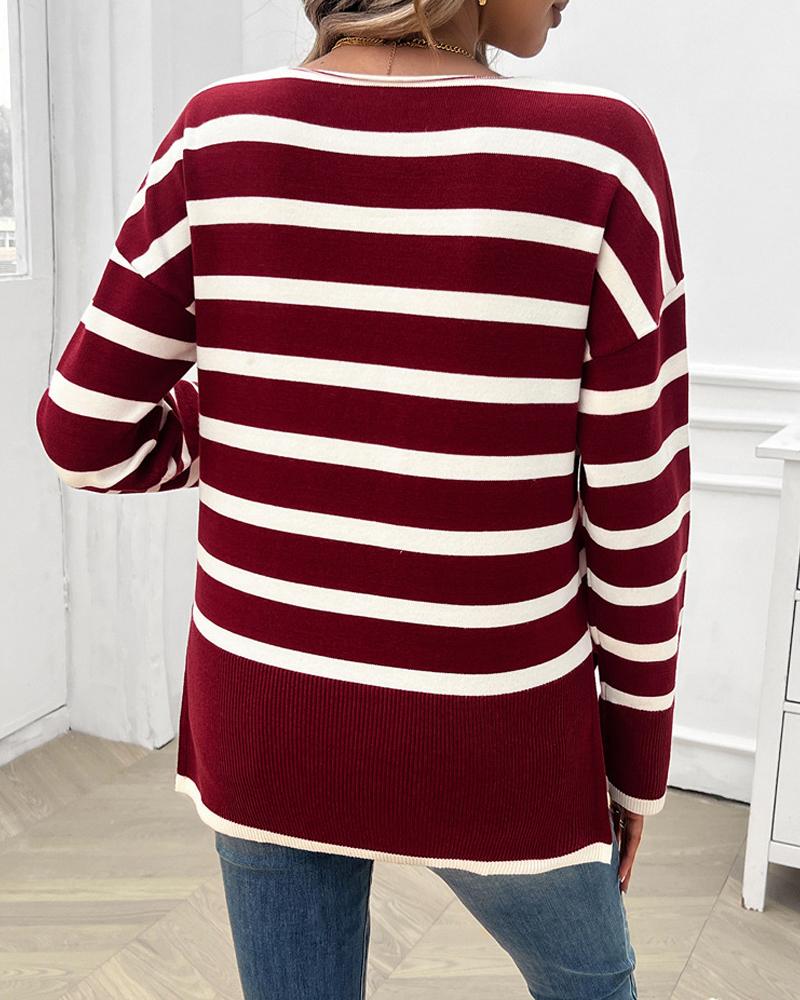 Striped V Neck Long Sleeve Side Slit Knit Sweater