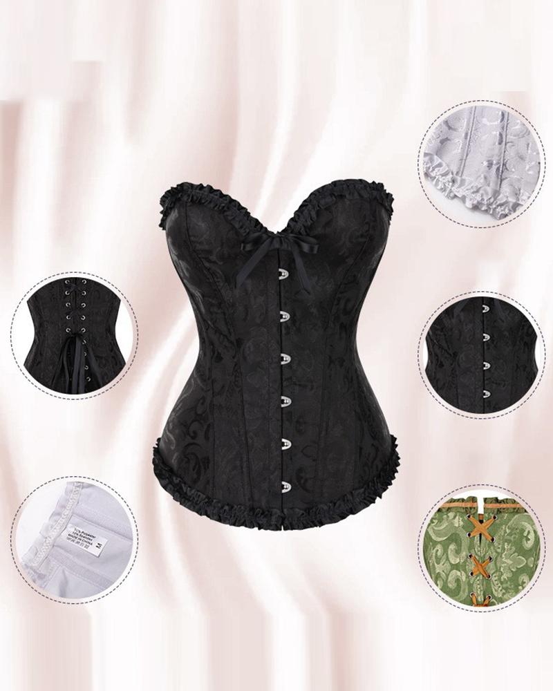 Baroque Pattern Tummy Control Overbust Boned Bustier Corset Eyelet Lace up Shapewear Top