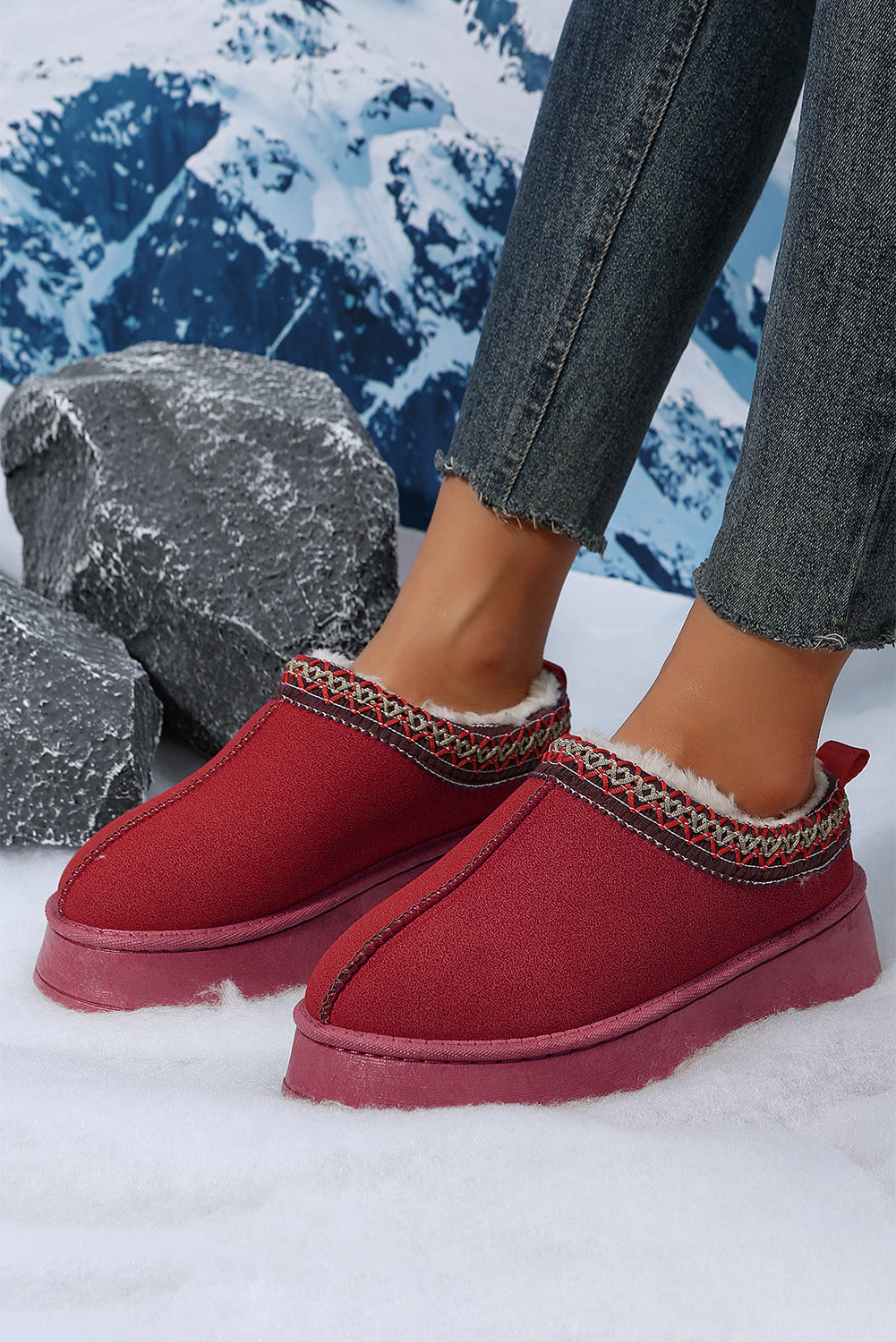 Fiery Red Contrast Print Suede Plush Lined Snow Boots