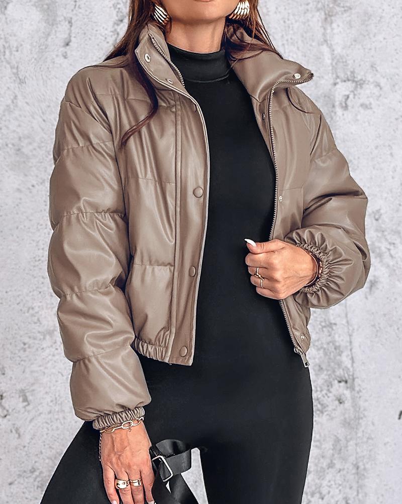 PU Leather Stand Collar Snap Button Zip Up Quilted Puffer Coat