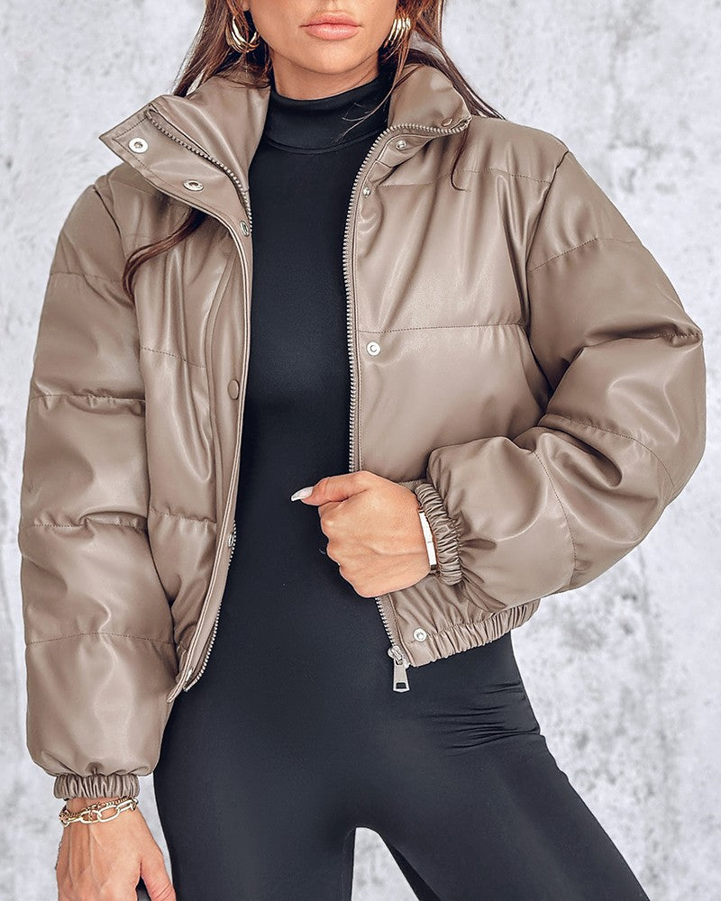 PU Leather Stand Collar Snap Button Zip Up Quilted Puffer Coat