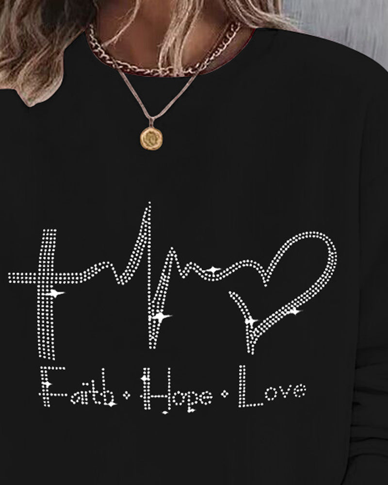 Rhinestone Faith Hope Love Heart Pattern Sweatshirt