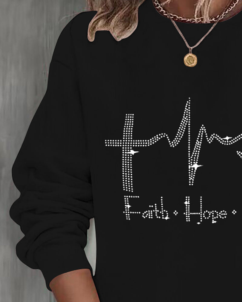 Rhinestone Faith Hope Love Heart Pattern Sweatshirt