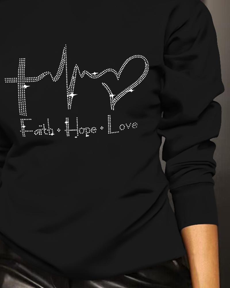 Rhinestone Faith Hope Love Heart Pattern Sweatshirt