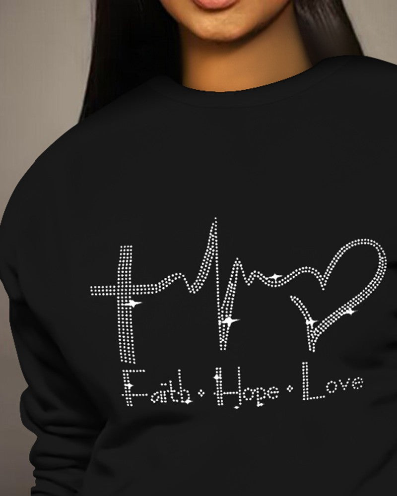 Rhinestone Faith Hope Love Heart Pattern Sweatshirt