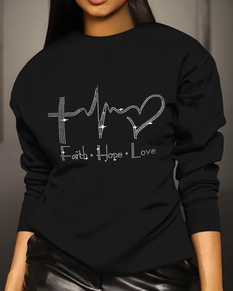 Rhinestone Faith Hope Love Heart Pattern Sweatshirt