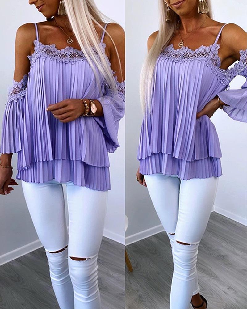 Contrast Lace Ruched Cold Shoulder Chiffon Top