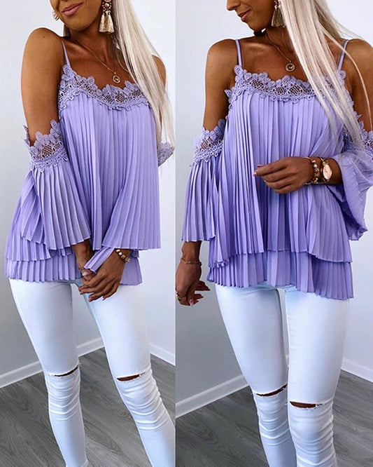 Contrast Lace Ruched Cold Shoulder Chiffon Top