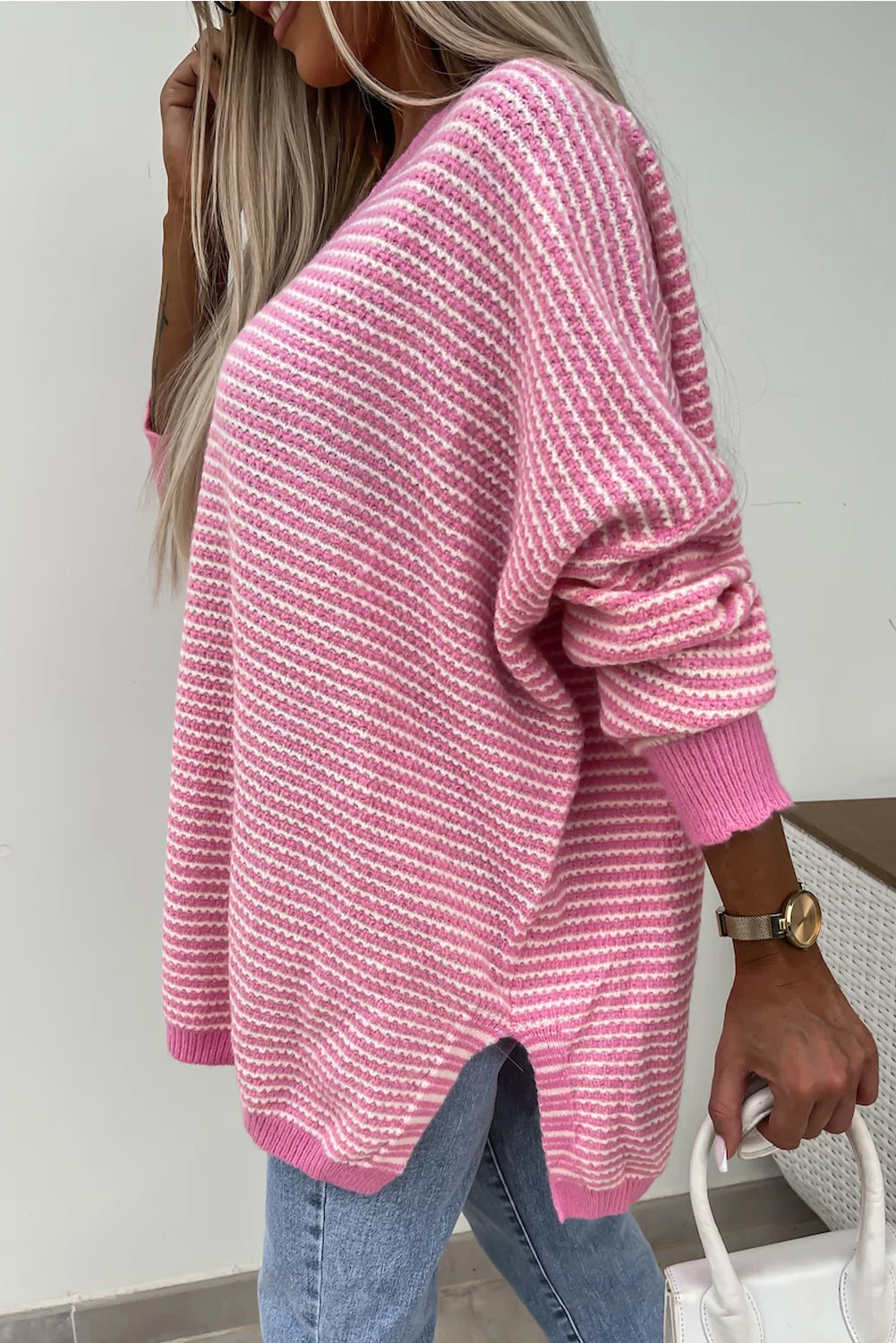 Pink Striped Scallop V Neck Loose Sweater with Slits