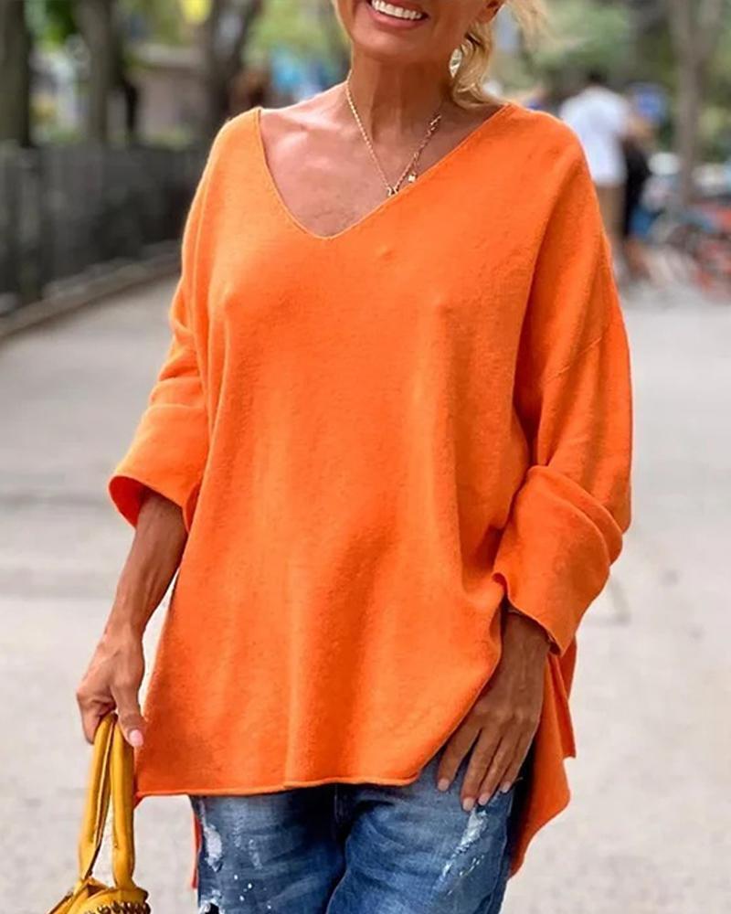 V Neck Long Sleeve Slit Casual Knit Sweater