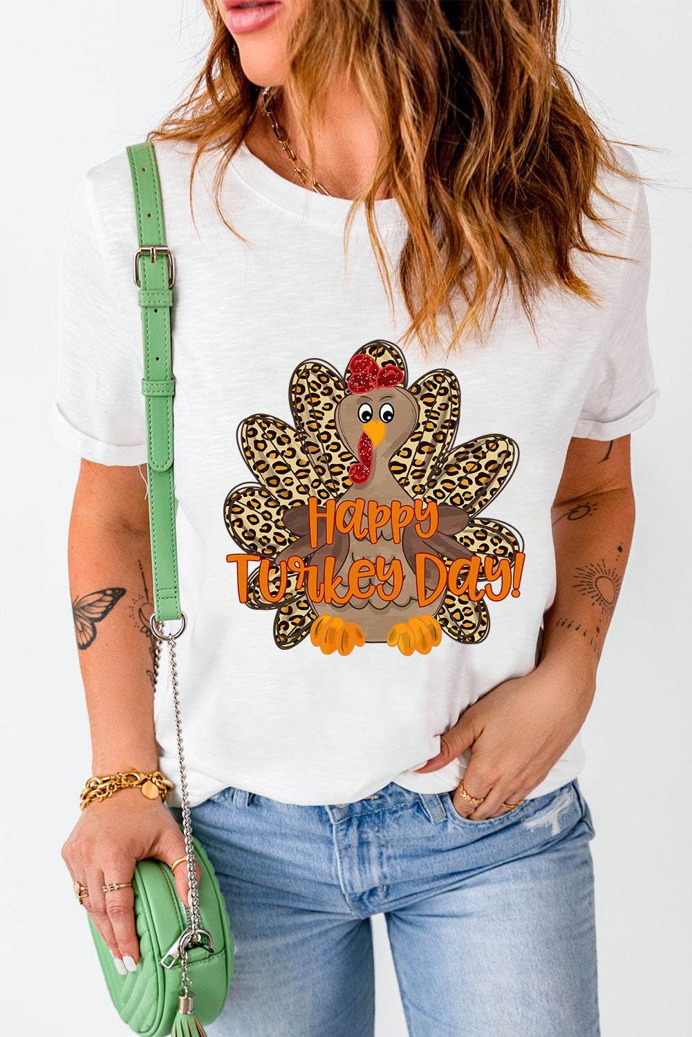 White Happy Turkey Day Leopard Print Crew Neck Loose T Shirt