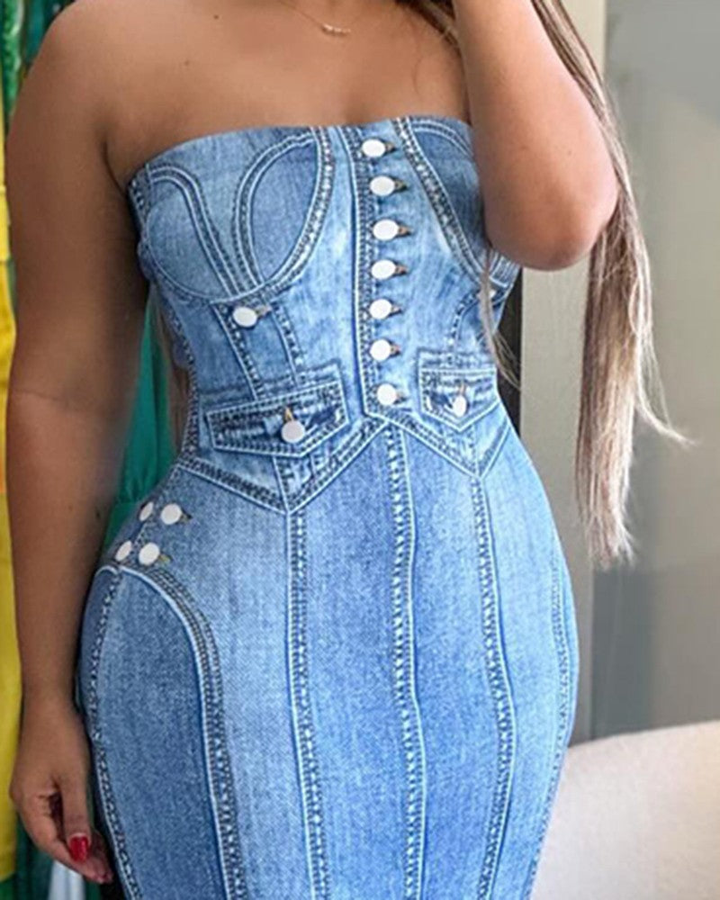 Denim Look Print Bandeau Bodycon Dress