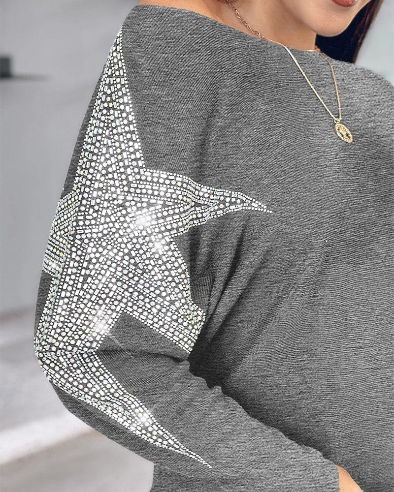 Star Pattern Batwing Sleeve Rhinestone Knit Sweater