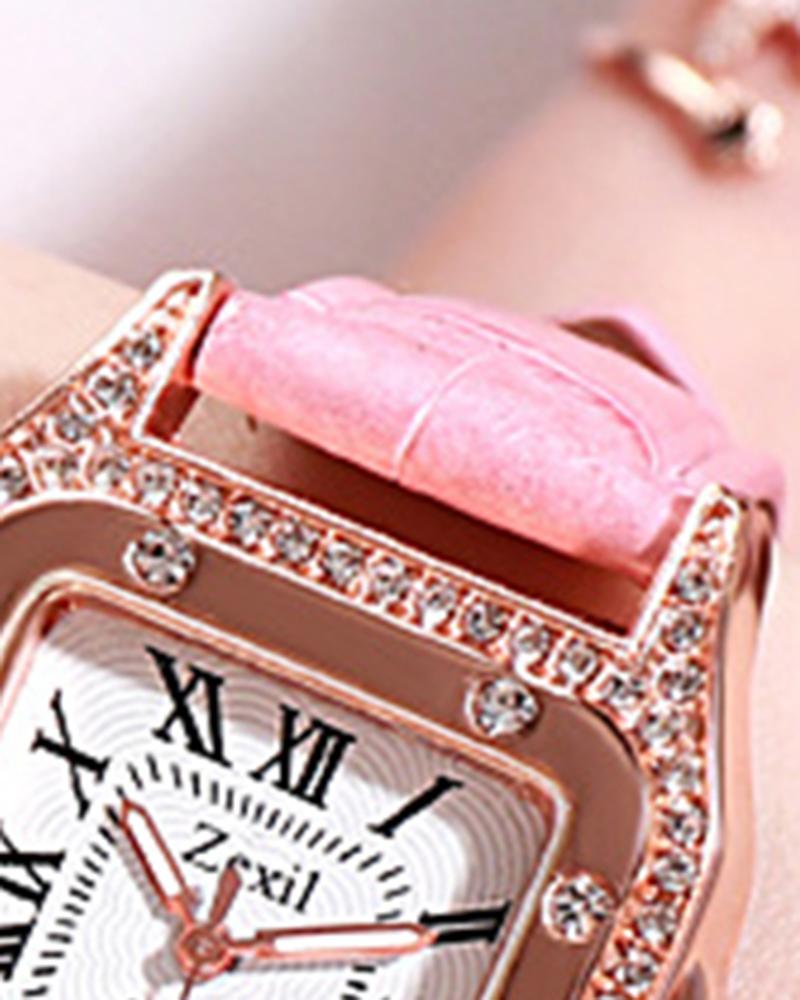 Rhinestone Decor Square Quartz Watch