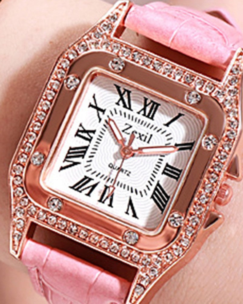 Rhinestone Decor Square Quartz Watch