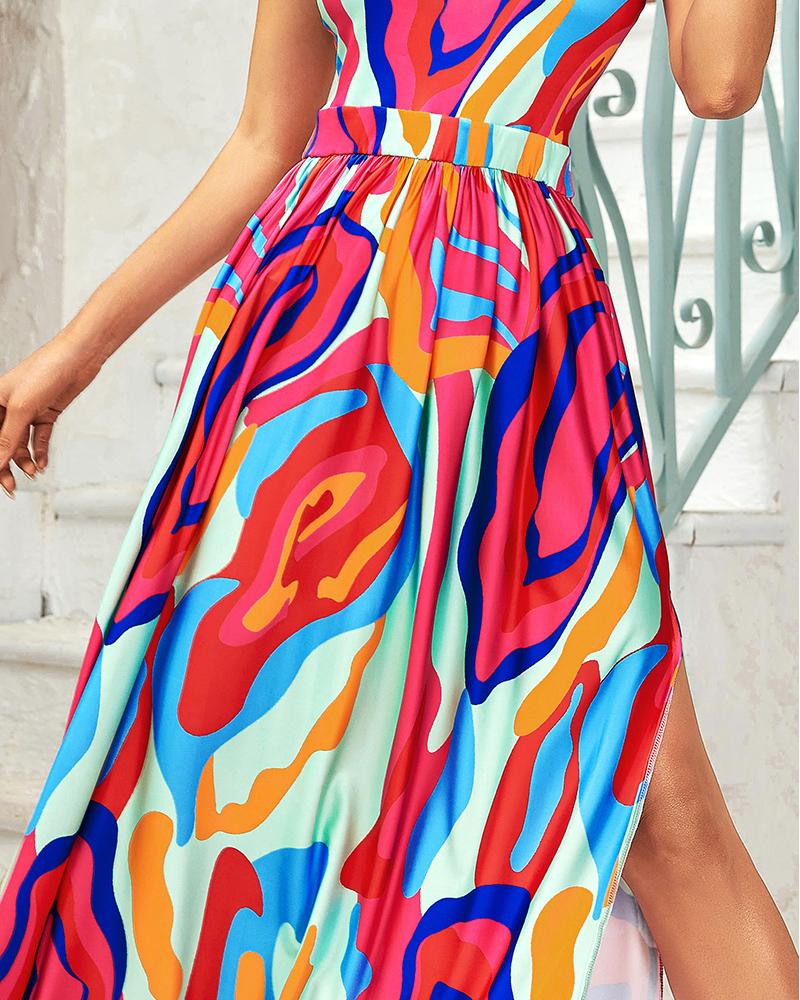 Abstract Print Cold Shoulder High Slit Maxi Dress