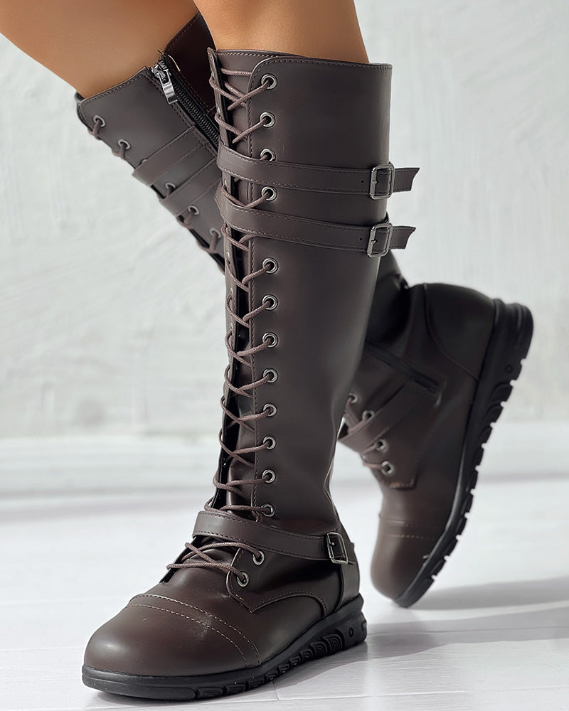 Lace up Buckled Zipper Design Boots