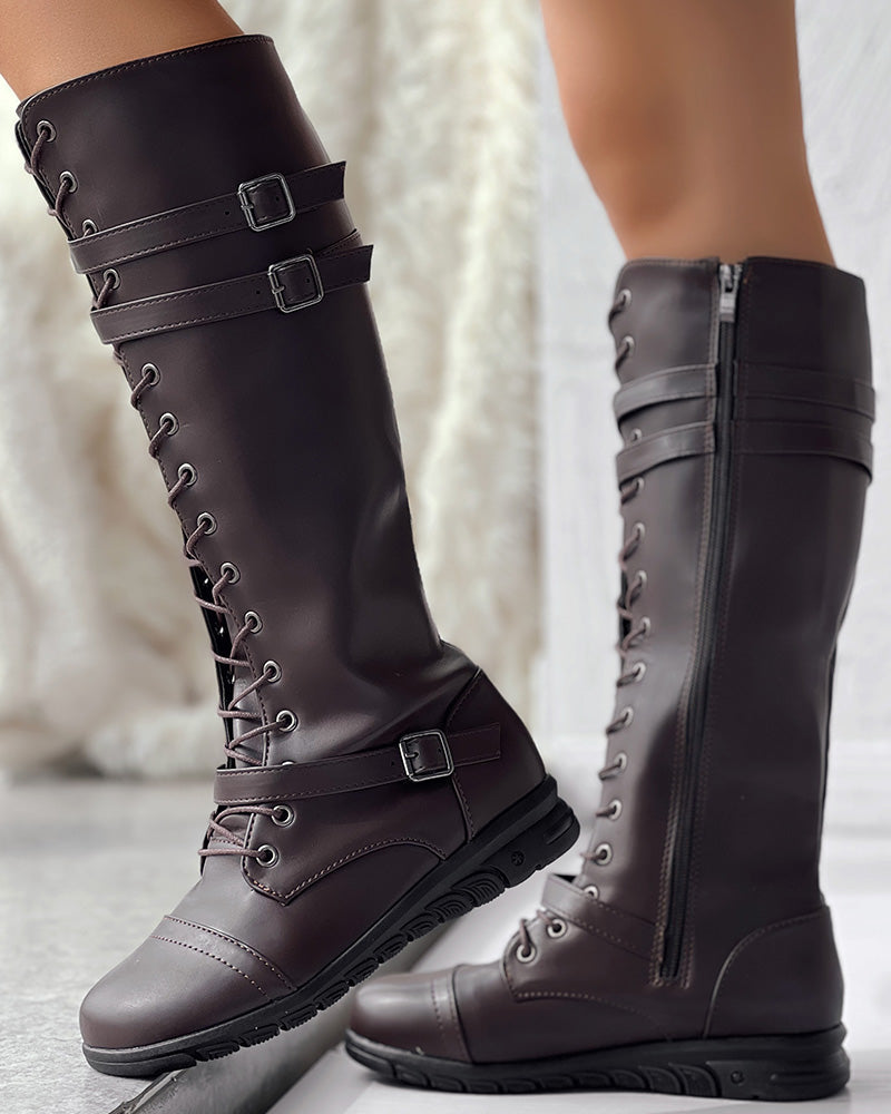 Lace up Buckled Zipper Design Boots