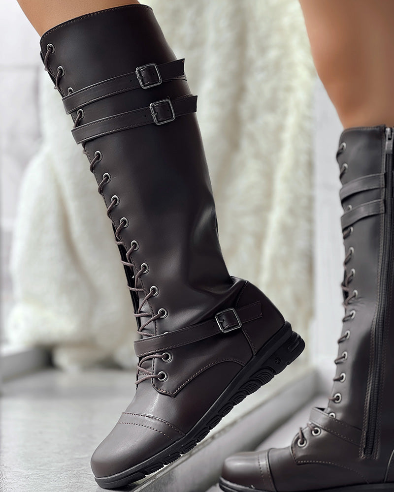 Lace up Buckled Zipper Design Boots