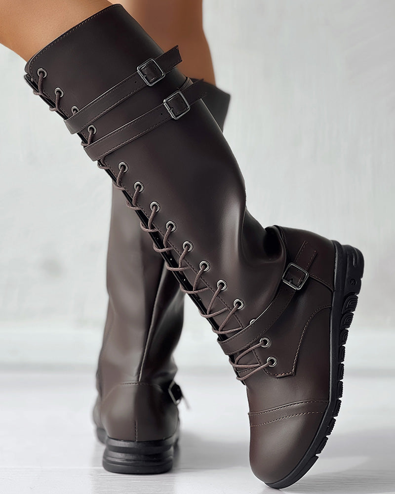 Lace up Buckled Zipper Design Boots