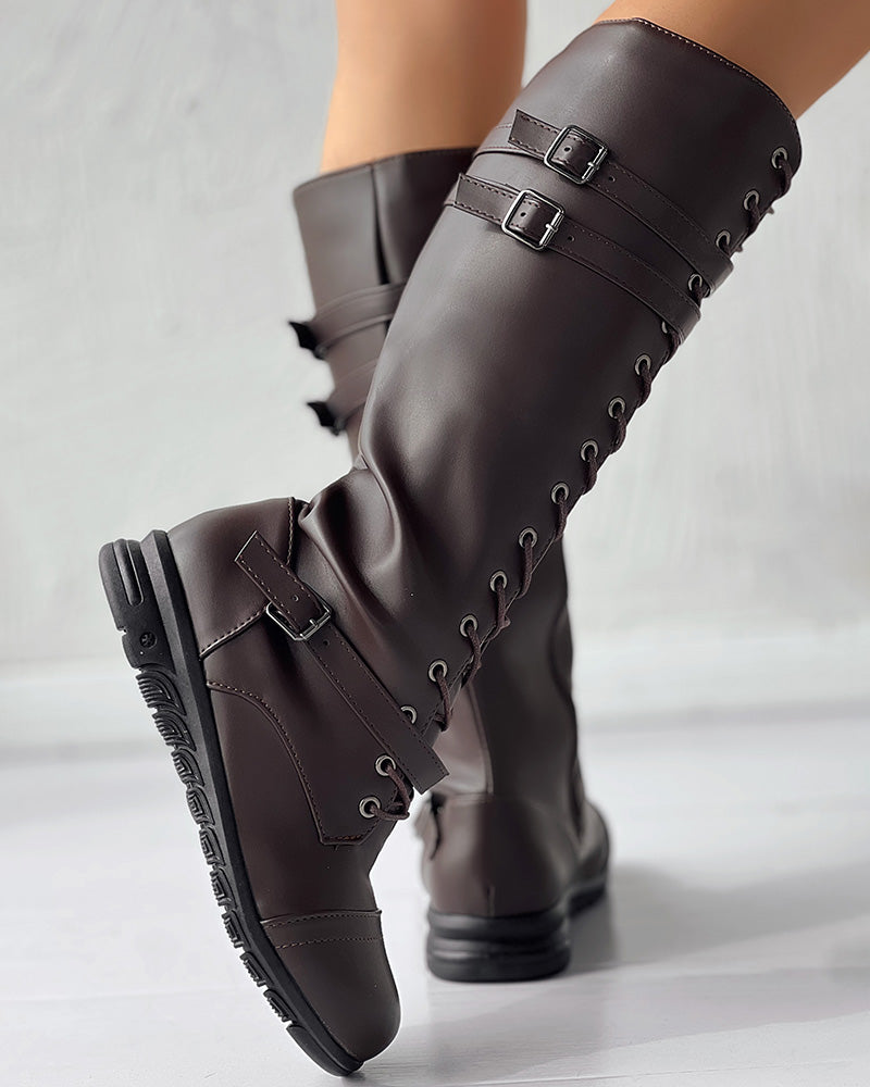 Lace up Buckled Zipper Design Boots