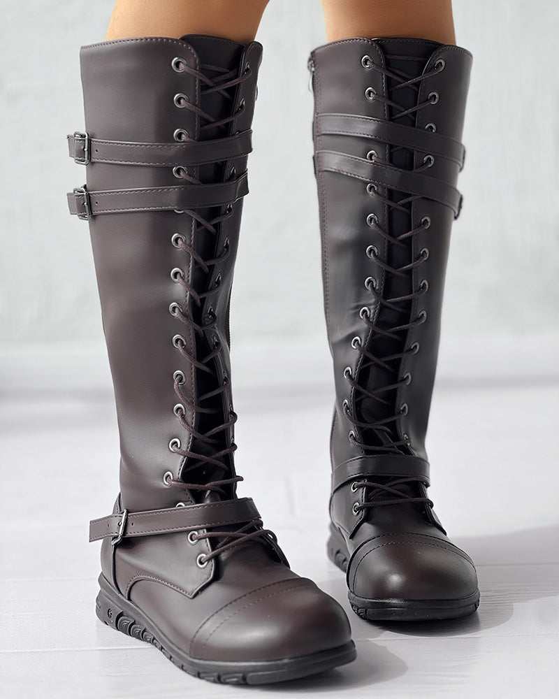 Lace up Buckled Zipper Design Boots