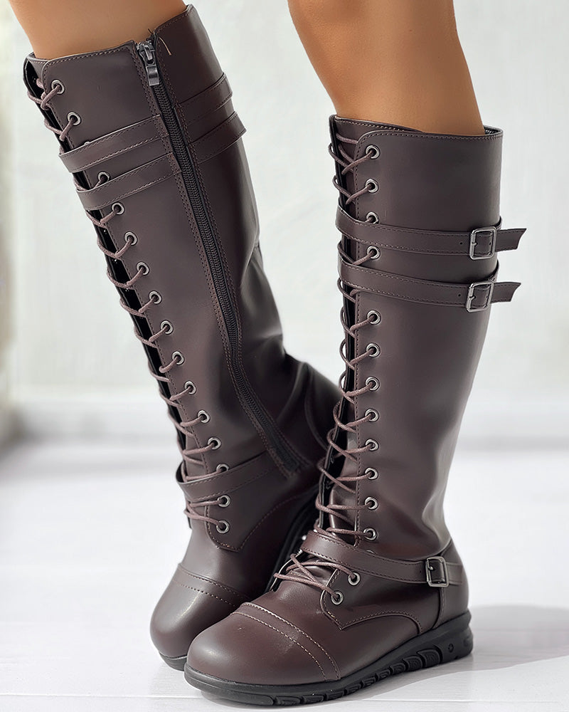 Lace up Buckled Zipper Design Boots