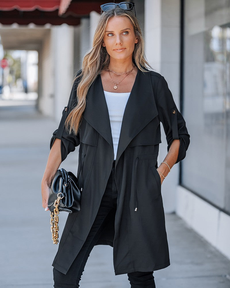 Roll Tab Sleeve Drawstring Trench Coat