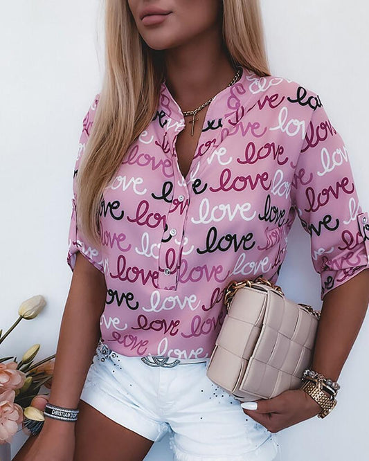 Letter Print Button Front Casual Shirt