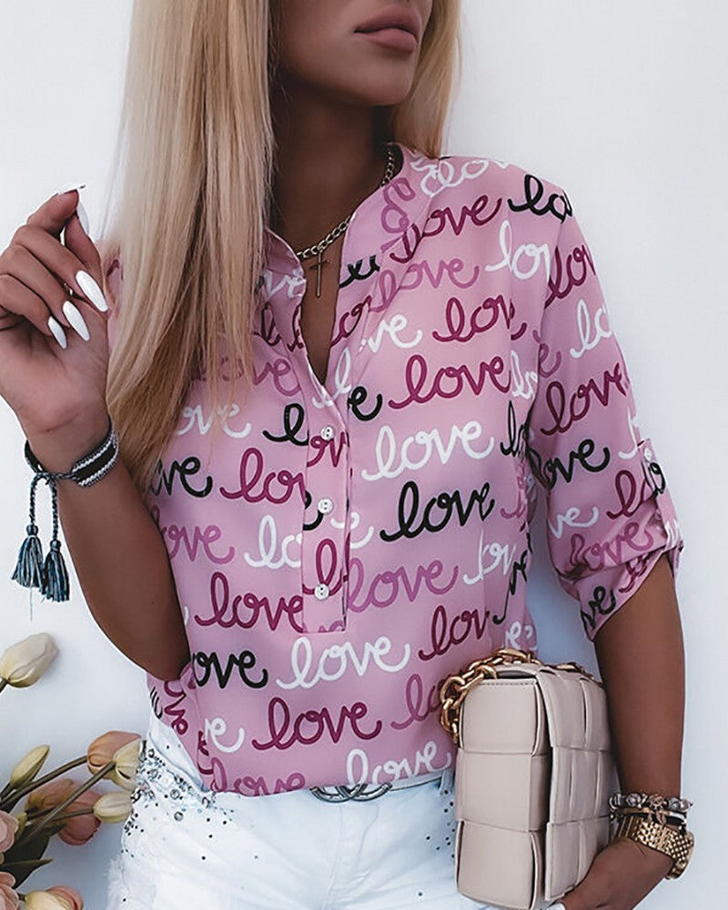 Letter Print Button Front Casual Shirt