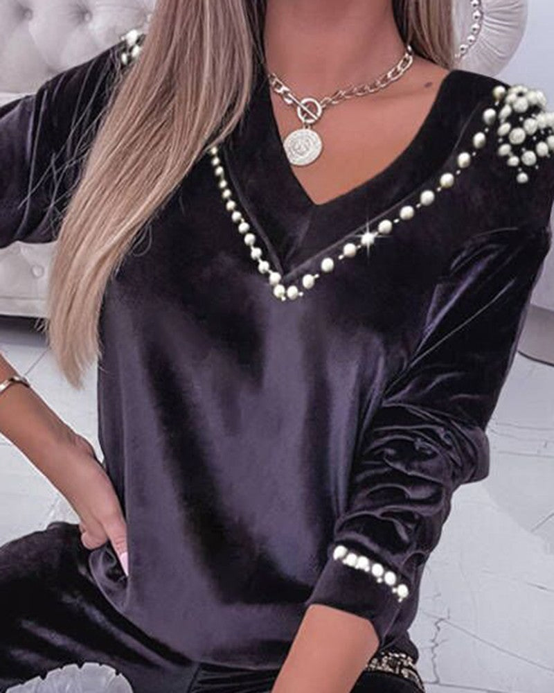 Beaded V Neck Sweatshirt & Cuffed Sweatpants Set