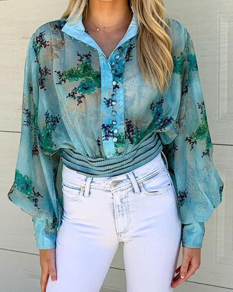 See Through Mesh Floral Print Button Up Crop Top