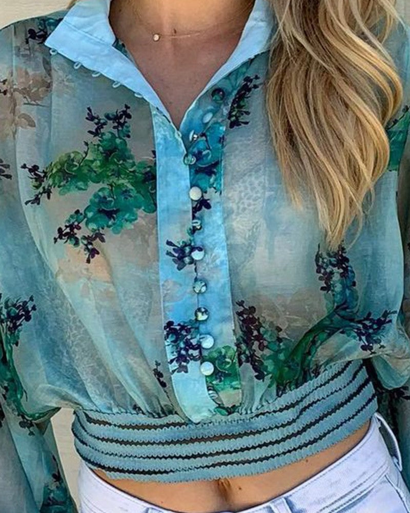 See Through Mesh Floral Print Button Up Crop Top